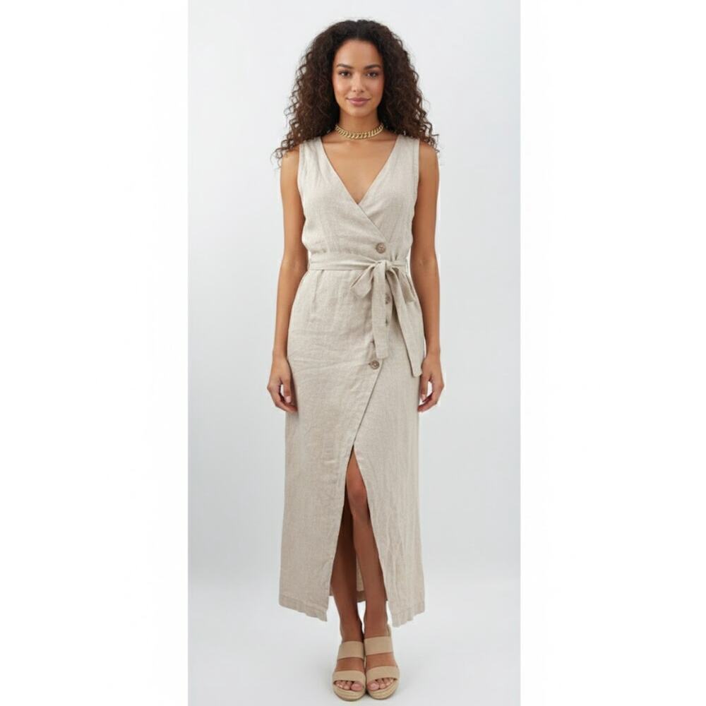 B51 Posse Linen Midi Dress S Belted Wrap Style Vacation Neutral Brunch Everyday - Picture 1 of 9